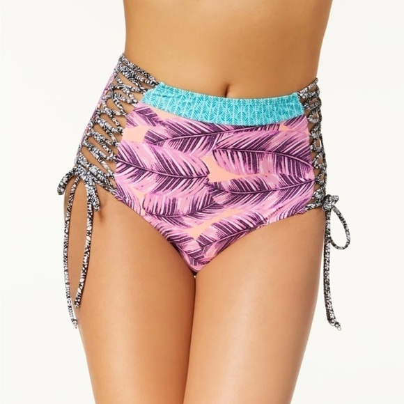 Hula Honey Pink Purple Leaf Breeze Strappy Sides High Waist Bikini Bottom - Picture 1 of 15